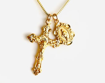 Gold crucifix necklace miraculous medal double charm necklace Sterling Silver Jesus Mary Pendant necklaces Catholic jewelry gift BOX Chain