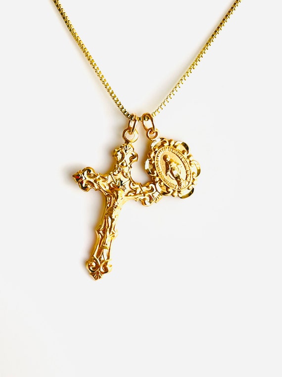 Gold crucifix necklace miraculous medal double charm necklace Sterling Silver Jesus Mary Pendant necklaces Catholic jewelry gift BOX Chain