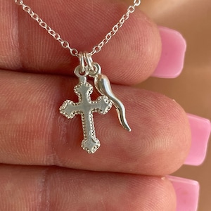 Tiny sterling silver Italian Horn Necklace Gold Horn Charm Small Cross Women Cornetto Cornicello Charm Jewelry 14K Gold Filled Italian Pride