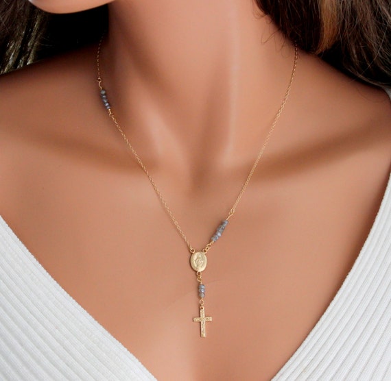 Rosary Necklace Unique Y Style Cross Miraculous Gold Filled Labradorite Gemstone Simple Delicate 7.5.3 Symbloic Jewelry Gift for her