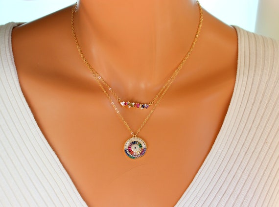 Gold Multi Strand Eye Pendant Necklace Colroful Crystal Bar Charm Necklaces Women Rainbow Jewelry CZ Double Chain Set Gold Filled Gift