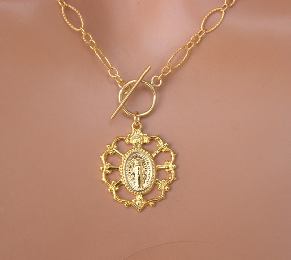 Gold miraculous metal necklace, Mary pendant necklaces, sterling silver gold filled religious jewelry, Catholic gift, choker necklaces