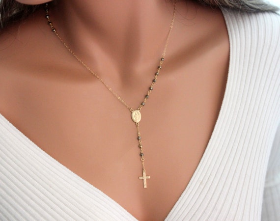 Rosary Necklace Women Cross Lariat Necklaces Gold Filled Pyrite Gemstone Simple Delicate Unique Jewelry 753 Spiritual Gift for her