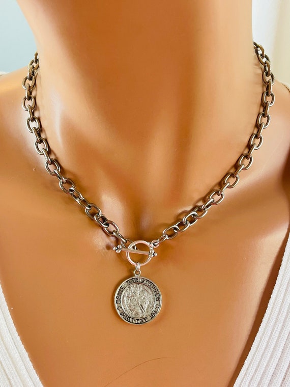 Antique Silver Choker Necklace Women Saint Christopher Chunky Choker Necklaces Large Gold Christopher Religious Jewelry Gift Catholic