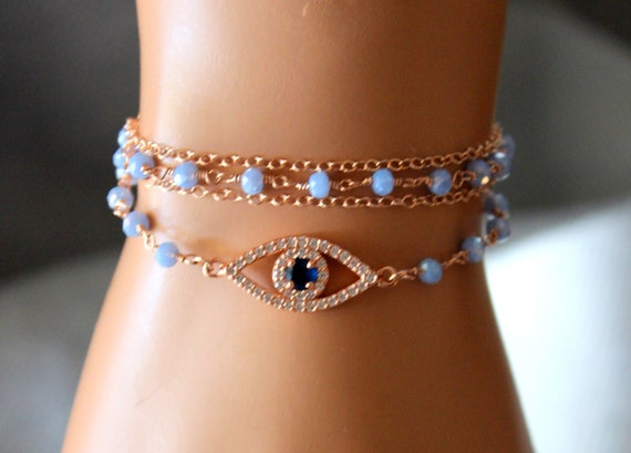 BEST SELLER Evil Eye Bracelet Rose Gold Silver Anklet Ankle Light Blue Beads Eye Women Protection Charm Hamsa Jewelry Gift
