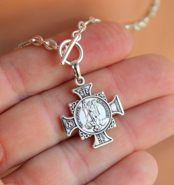 BEST SELLER Thick Sterling Silver Saint Michael Necklace Michael Maltese Cross Thick Chain Necklaces Protection Catholic Jewelry Gift