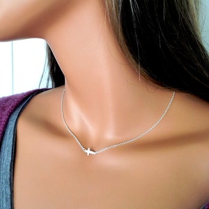 BEST SELLER Sterling Silver Sideways Cross Necklace Small Cross Charm Necklace Little Girls Women Christian Faith Gift Jewelry Off Center