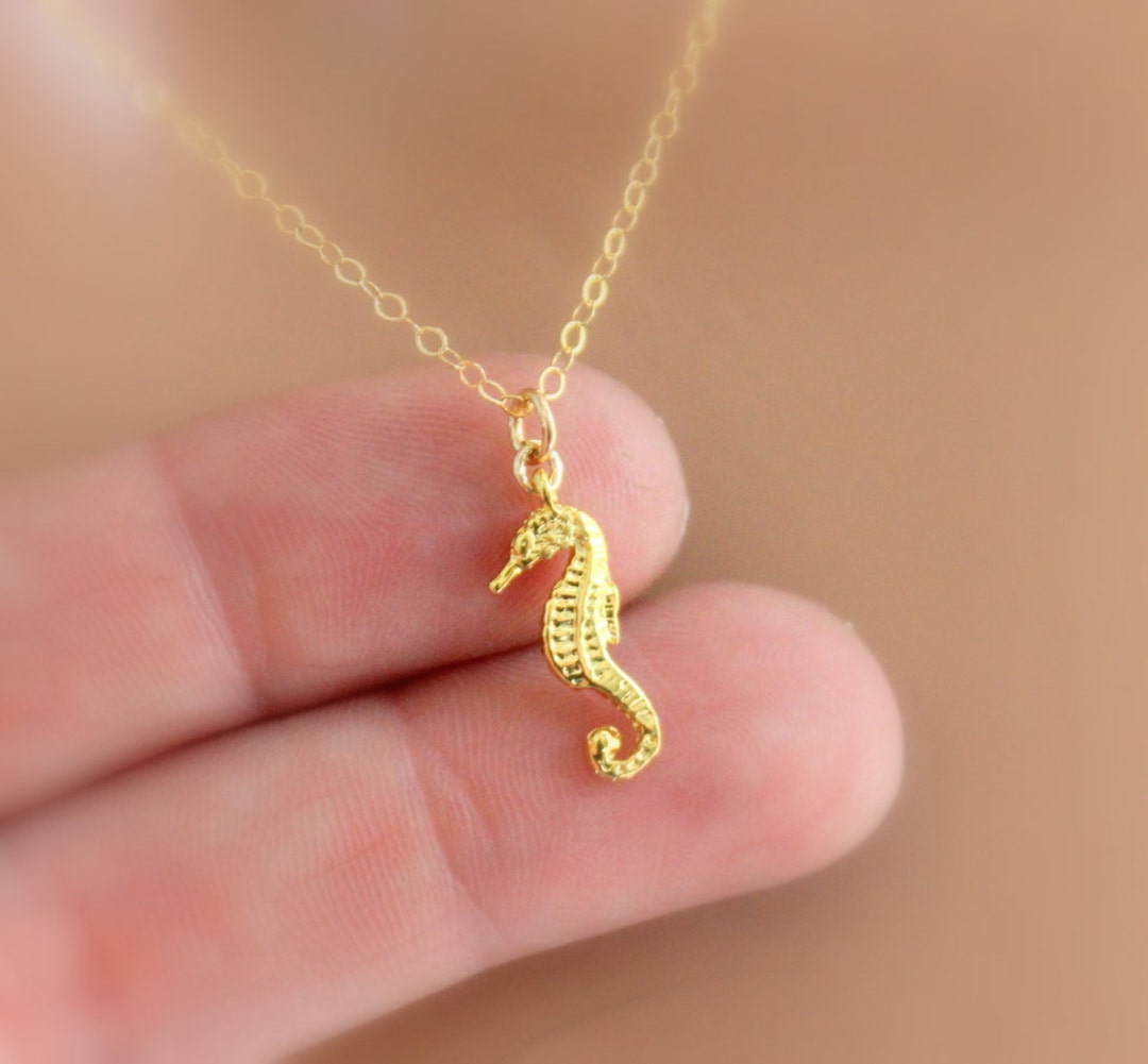 Seahorse Charm Necklace Gold Filled Women Young Girls Small Dainty