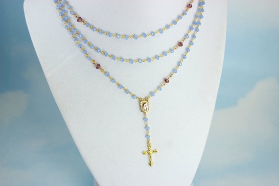 Rosary Necklace Gold Filled Opaque Sky Blue Purple Crystal Women Girls Multi Strand Necklaces Crucifix Cross Catholic Jewelry