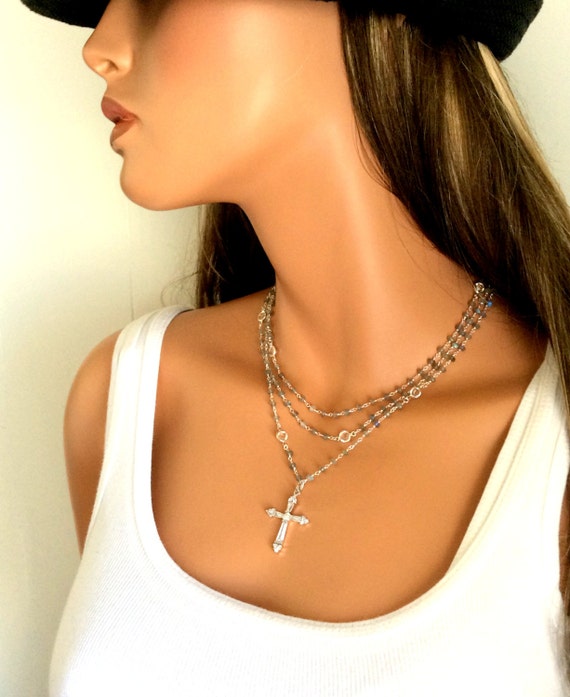 Crystal Cross Necklace Labradorite Gemstones Crystal Layered Custom Rosary Necklaces Sterling Silver High Quality Statement Jewelry Gift