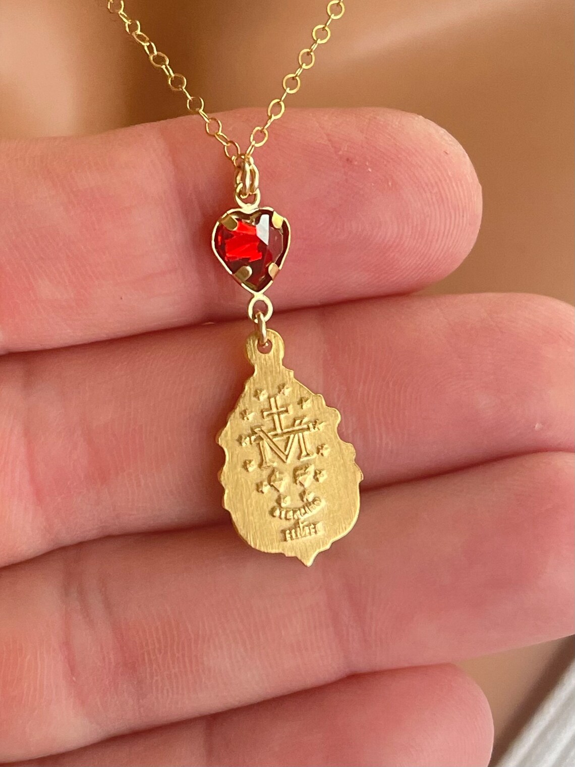 Gold Mary Miraculous Charm Necklace Sterling Silver Red Cz Heart ...