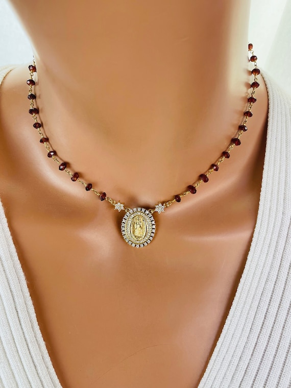 Gold Guadalupe Necklace Pearl necklace Choker Gold filled religious Women Catholic Jewelry bridal necklace virgin Mary gift