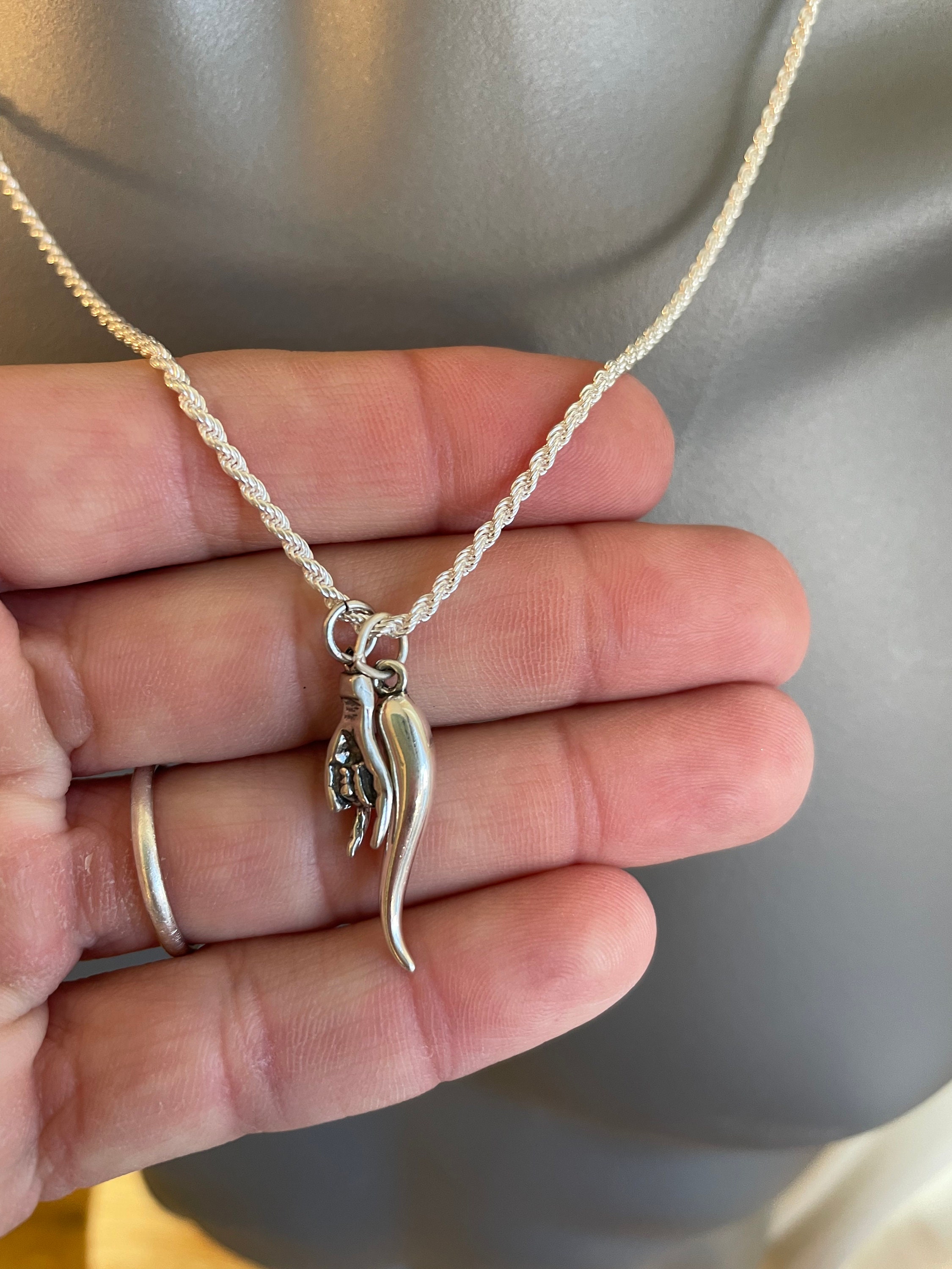 Sterling Silver Mano Cornuto Charm Necklace 925 Silver