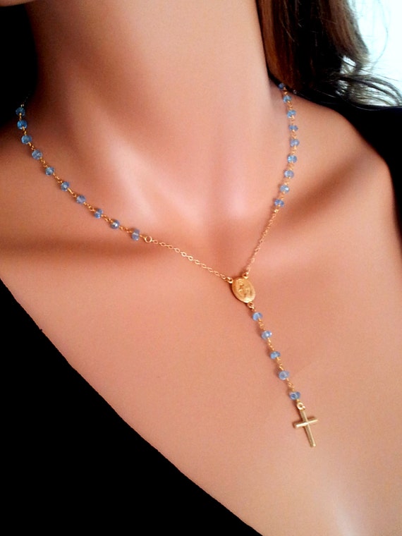 Rosary Necklace Gold Filled Blue Topaz Womens Jewelry Cross Pendant Miraculous Medal Rosaries Cross necklaces, light blue lariat necklace