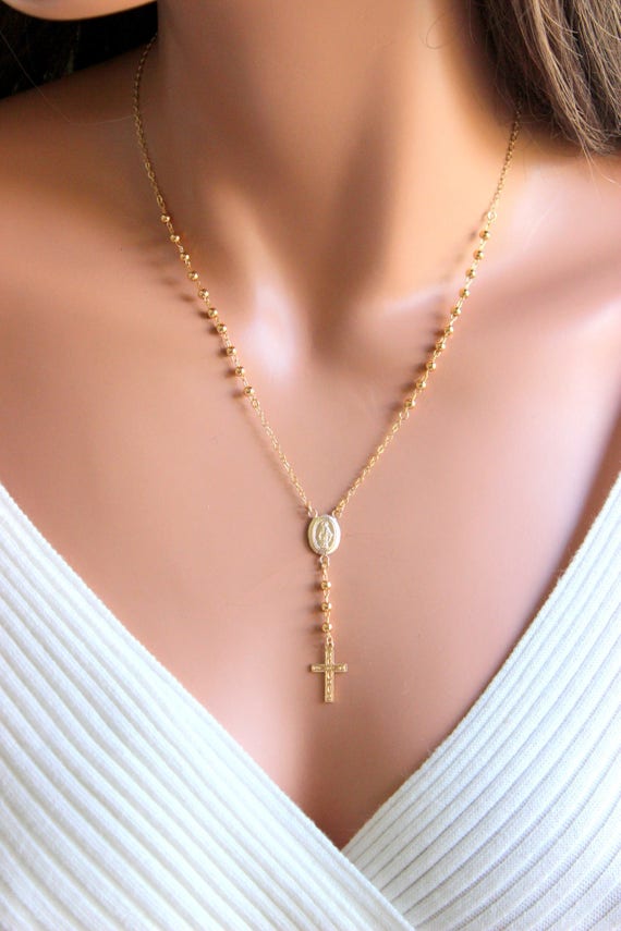 Rosary Choker Necklace Gold Filled OR Sterling Silver Adjustable Length Women Confirmation Gift Spiritual Jewelry Christian Cross 3mm beads