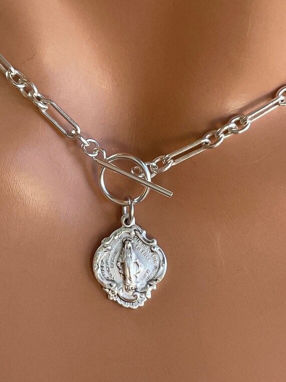 Gold Sterling Silver Virgin Mary Choker Necklace Women Miraculous Pendant Thick Chunky Chain Toggle Catholic 16” length