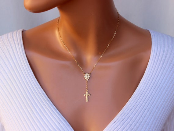 Gold Rosary Necklace Mary Miraculous Medal Crucifix Charm Necklaces Sterling Silver Women Religious Gift Catholic Unique Virgin Mary Jewelry