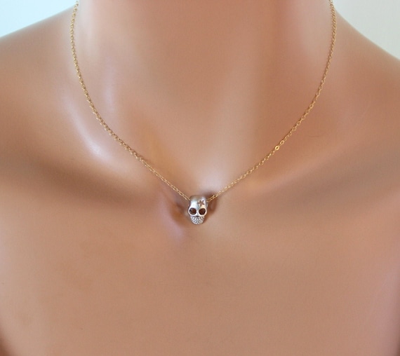 Small Silver Skull Charm Necklace Gold  Gothic Pendant Little  Girls Women Cute Tiny Skulls Delicate