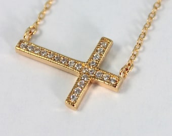 Sale Gold Filled Sideways Cross Necklace Women Sideway Crystal Cross Cross Pendant Necklace Mothers Day Gift