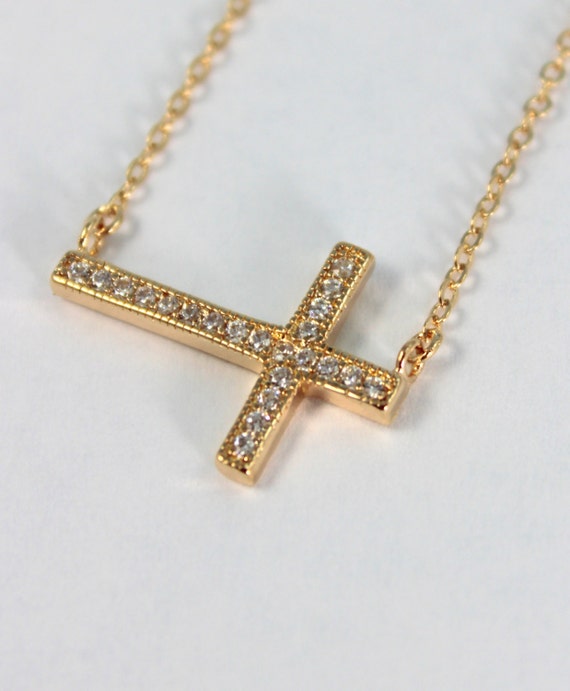 Sale Gold Filled Sideways Cross Necklace Women Sideway Crystal Cross Cross Pendant Necklace Mothers Day Gift