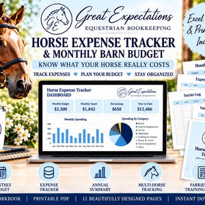 May include: A digital horse expense tracker and monthly barn budget system featuring a laptop displaying a dashboard with spending charts, a white mug with a horse logo, and printed log sheets for farrier, veterinary, and budget tracking.
