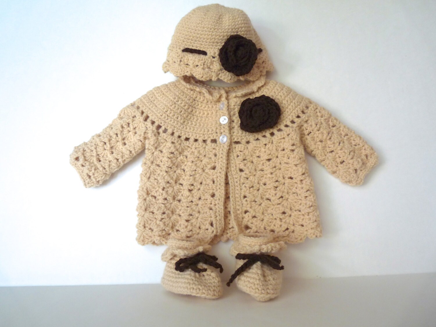 Baby Girl Beige Jacket Hat and Bootie Layette Set Vintage Etsy