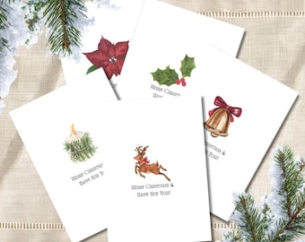 May include: A set of four white greeting cards featuring watercolour illustrations of a red poinsettia, green holly leaves, a gold bell with a red bow, a candle with greenery, and a reindeer, all with the text Merry Christmas & Happy New Year.