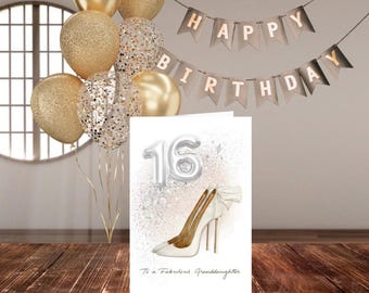 16th Birthday Card for Granddaughter | Elegant Silver High Heels | Printable Digital Download | 16th Birthday Greeting Card