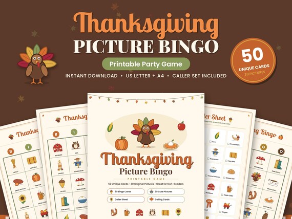 Thanksgiving Picture Bingo Printable, 50 Unique Cards, Kids Classroom Party Game, Caller Set