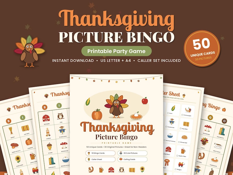 May include: A Thanksgiving Picture Bingo printable party game set featuring 50 unique cards and 30 original pictures. The design includes a brown background with a turkey illustration, text reading Thanksgiving Picture Bingo, and various seasonal icons like pumpkins, apples, and corn.