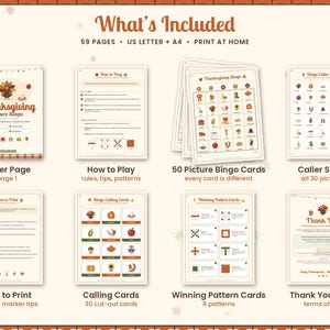 May include: A digital Thanksgiving Picture Bingo game set including 59 pages in US Letter and A4 sizes. The set features a cover page, how-to-play instructions, 50 unique bingo cards, a caller sheet, printing tips, calling cards, and winning patterns.