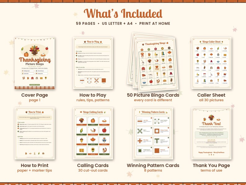 May include: A digital Thanksgiving Picture Bingo game set including 59 pages in US Letter and A4 sizes. The set features a cover page, how-to-play instructions, 50 unique bingo cards, a caller sheet, printing tips, calling cards, and winning patterns.