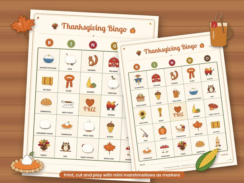 May include: Two Thanksgiving Bingo game cards featuring a grid of seasonal icons including a turkey, pumpkin pie, red barn, squirrel, and maple leaf. The cards have the text Thanksgiving Bingo at the top and a free space in the centre.