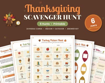 May include: A Thanksgiving Scavenger Hunt printable set featuring 6 hunts, 24 riddle cards, and an answer key. The sheets include a Turkey Picture Hunt with grid-based items to find, leaf-shaped cards, and text-based riddle lists.