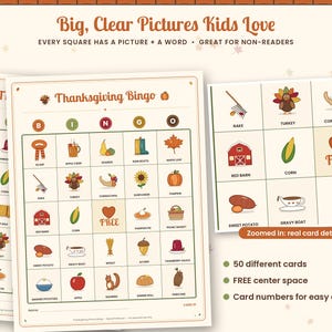 May include: Thanksgiving Bingo game sheets featuring a grid of colourful illustrations and labels. Text includes Big, Clear Pictures Kids Love, Every Square Has A Picture + A Word, Great For Non-Readers, Thanksgiving Bingo, Free, and Zoomed in: real card detail.