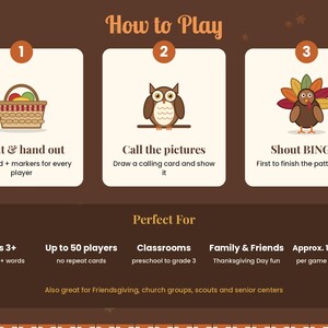 May include: A brown instructional graphic titled How to Play with three numbered steps featuring a basket, an owl, and a turkey. Below, a section titled Perfect For lists game details including Ages 3+, up to 50 players, and 15-30 minute duration.