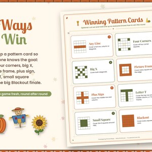 May include: A game instruction sheet titled 8 Ways to Win featuring eight numbered pattern cards for bingo. The cards illustrate grid goals like Any Line, Four Corners, Big X, Picture Frame, Plus Sign, Letter T, Small Square, and Blackout.