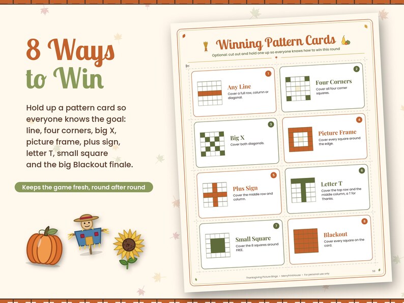 May include: A game instruction sheet titled 8 Ways to Win featuring eight numbered pattern cards for bingo. The cards illustrate grid goals like Any Line, Four Corners, Big X, Picture Frame, Plus Sign, Letter T, Small Square, and Blackout.