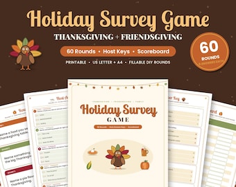 May include: A Holiday Survey Game printable set for Thanksgiving and Friendsgiving featuring 60 rounds, host keys, and a scoreboard. The documents include lists of questions, answer keys, and a scoreboard sheet with a turkey graphic and autumn icons.