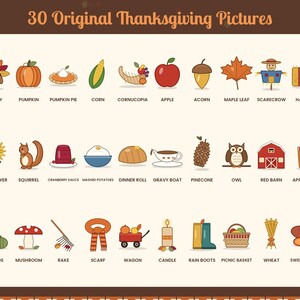 May include: A collection of 30 original Thanksgiving pictures arranged in three rows on a light background. The graphic features icons of a turkey, pumpkin, pie, corn, cornucopia, apple, acorn, leaf, scarecrow, hay bale, sunflower, squirrel, cranberry sauce, mashed potatoes, dinner roll, gravy boat, pinecone, owl, barn, cider, gourds, mushroom, rake, scarf, wagon, candle, rain boots, basket, wheat, and sweet potato.