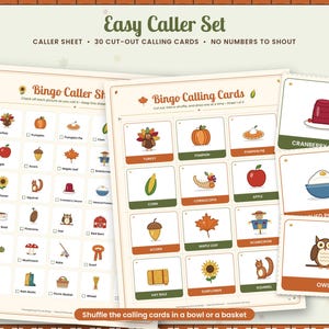 May include: An Easy Caller Set for Thanksgiving bingo featuring a caller sheet and 30 cut-out calling cards. The cards display colourful illustrations of seasonal items like turkeys, pumpkins, and corn with text labels below each image.