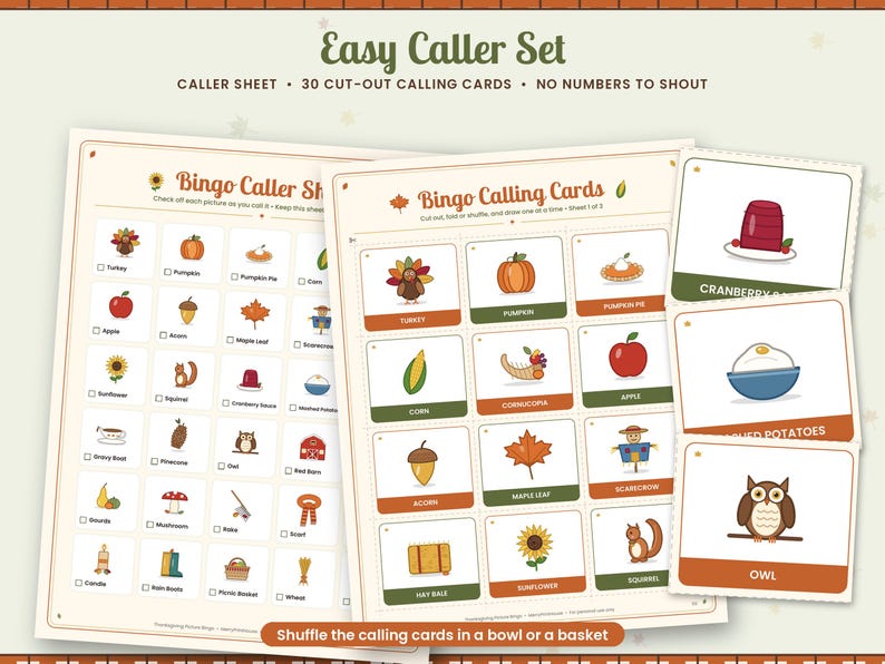 May include: An Easy Caller Set for Thanksgiving bingo featuring a caller sheet and 30 cut-out calling cards. The cards display colourful illustrations of seasonal items like turkeys, pumpkins, and corn with text labels below each image.