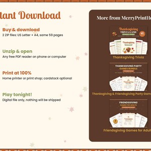 May include: An instructional graphic for a digital download featuring four steps: buy and download, unzip and open, print at 100%, and play. A dark brown sidebar displays three game bundles: Thanksgiving Trivia, Thanksgiving Party Games, and Friendsgiving Games.