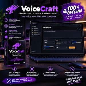 Oprogramowanie audio VoiceCraft Offline AI dla systemu Windows | Transkrypcja, czyszczenie dźwięku, zamiana tekstu na mowę, tłumaczenie | Jednorazowa licencja