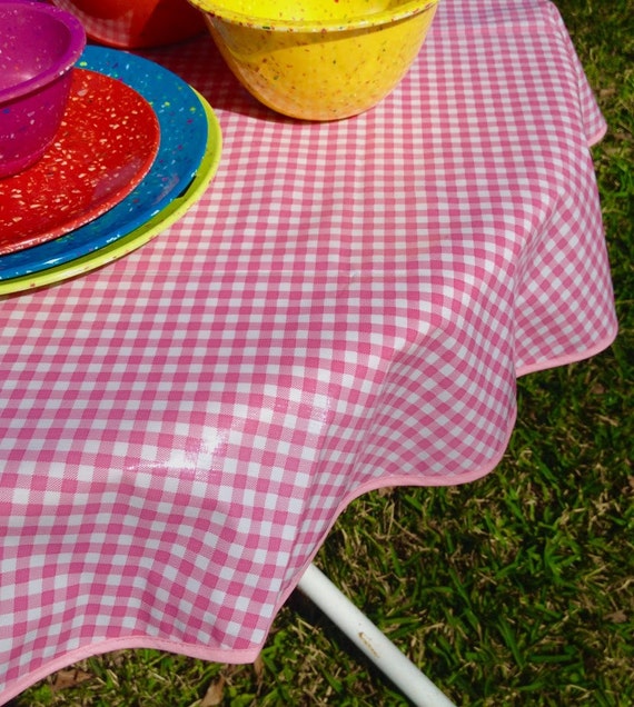 47.5 Oil Cloth Tablecloth Round PINK Gingham NO Hole Etsy