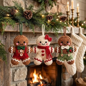May include: Three crocheted gingerbread ornaments hanging by loops. The left one wears red overalls and a green bow tie. The center one is cream-colored with a red scarf and bow. The right one wears green overalls and a white bow tie.
