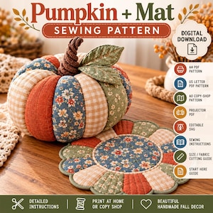 Pumpkin Sewing Pattern PDF, Quilted Pumpkin and Fabric Mat Pattern, Fall Decor DIY, Autumn Table Mat, Digital Download
