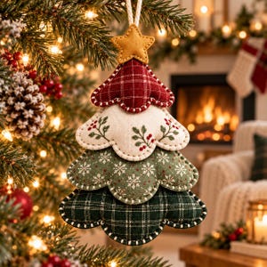 May include: A fabric Christmas tree ornament featuring four stacked, scalloped layers. The top layer is red plaid, the second is cream with embroidered green sprigs and red berries, the third is green with white snowflakes, and the base is dark green plaid.
