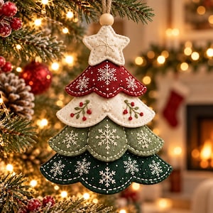 May include: A layered felt Christmas tree ornament featuring a cream star topper, a deep red tier with white snowflake embroidery, a cream tier with red berry sprigs, and two green tiers with white snowflake embroidery, hanging from a jute string.