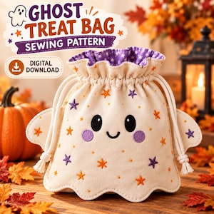 Può includere: Un sacchetto portadolci color crema con coulisse a forma di fantasma, ricamato con stelle arancioni e viola, un viso sorridente e una fodera viola con motivo a stelle. Il testo recita GHOST TREAT BAG SEWING PATTERN e DIGITAL DOWNLOAD.